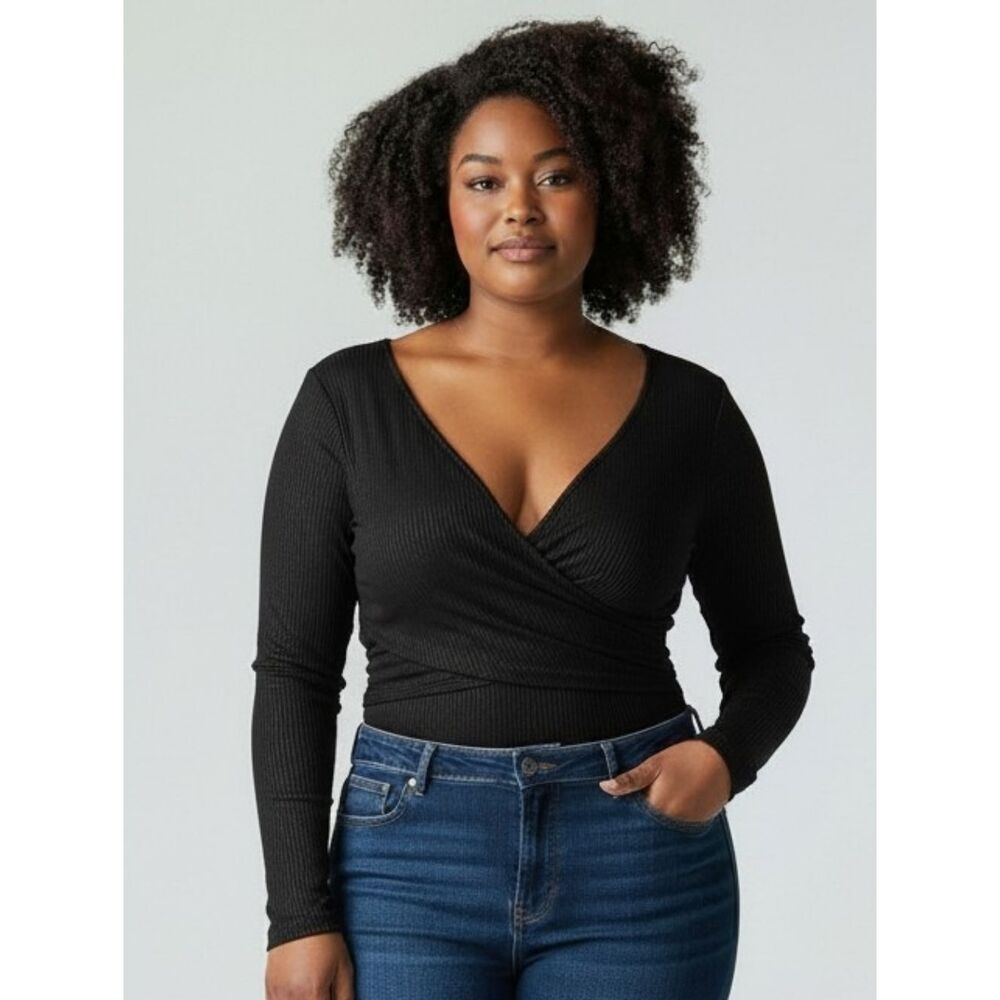 Black Long-Sleeve Draped Bodysuit